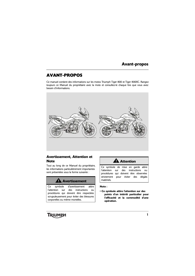 Page 1 de la notice Manuel utilisateur Triumph Tiger 800 (2012)