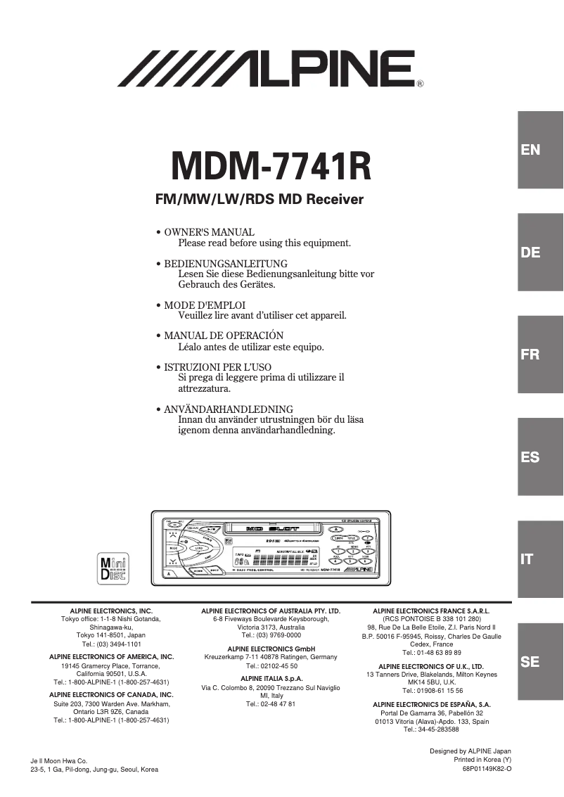 Page 1 de la notice Manuel utilisateur Alpine MDM-7741R