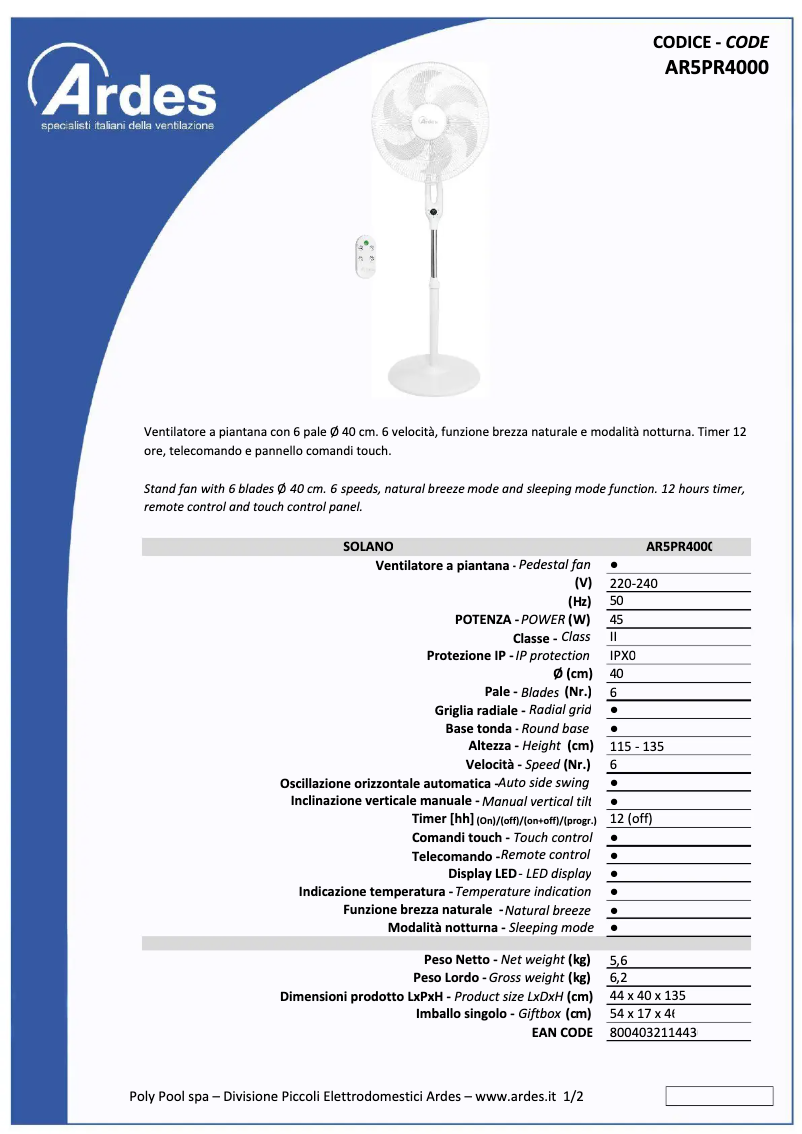 Página 1 del manual Ficha técnica Ardes AR5PR4001