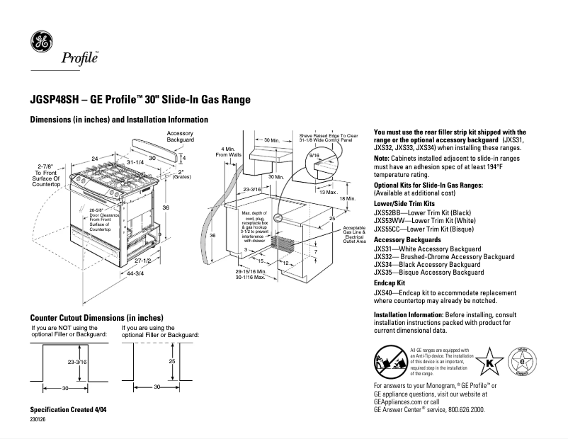 First page image of the manual for Profile JGSP48SHSS