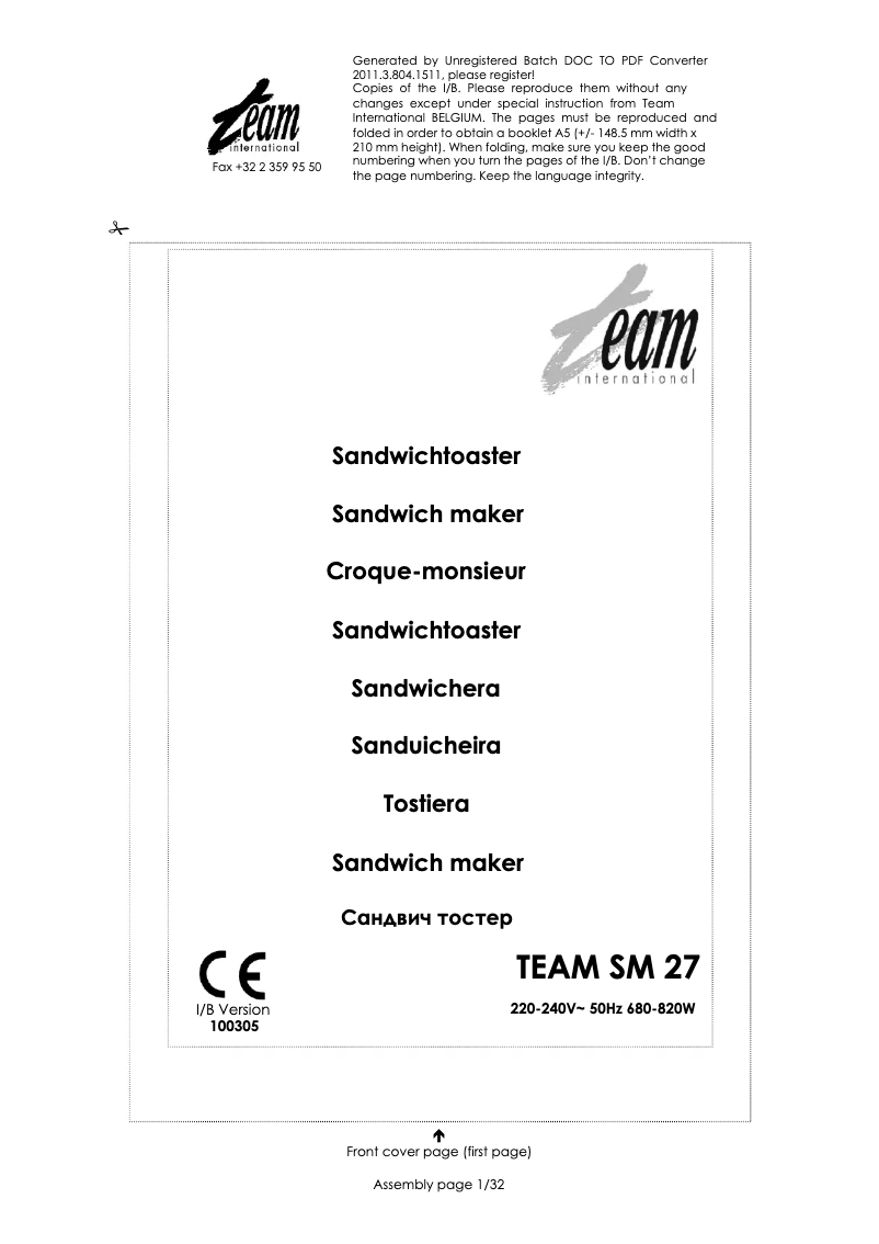 Page 1 de la notice Manuel utilisateur Team SM 27