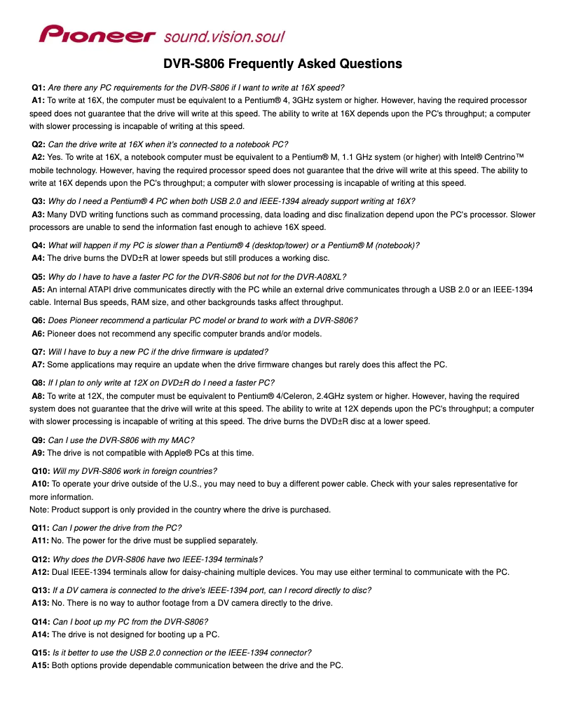 Page n°1 - FAQ Pioneer DVR-S806