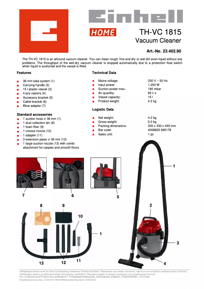 Page n°1 - Fiche technique Einhell TH-VC 1815