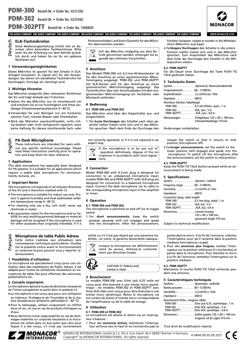Page 1 de la notice Manuel utilisateur Monacor PDM-300