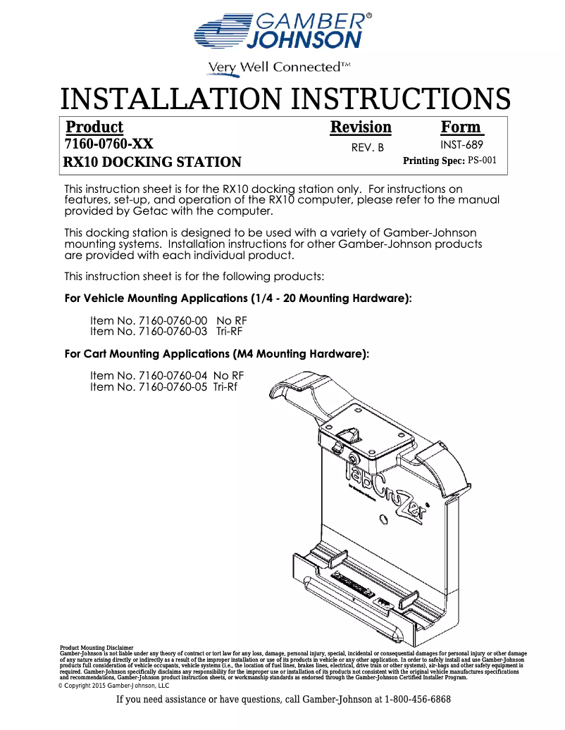 Page n°1 - Manuel utilisateur Gamber-Johnson 7160-0760