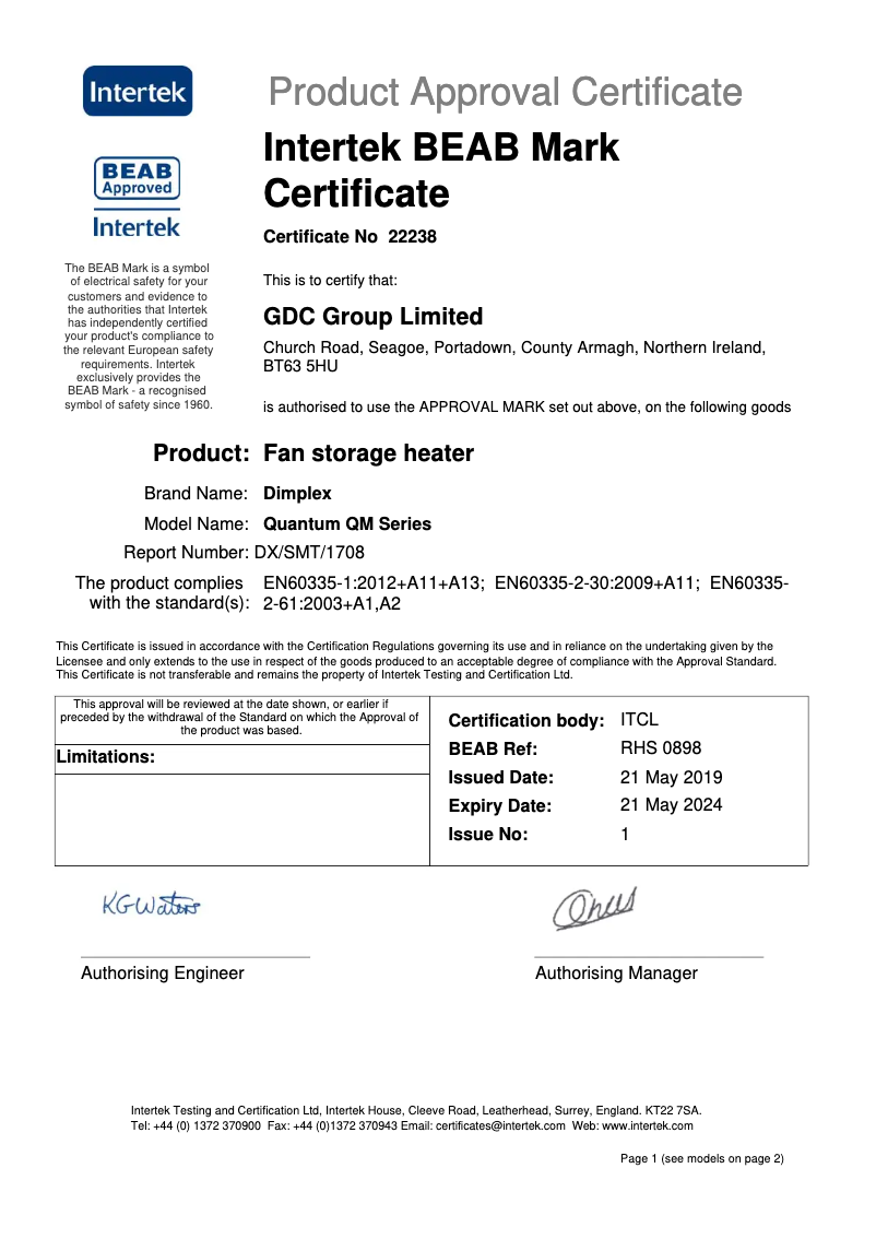 Page 1 de la notice Fiche technique Dimplex QM050RF