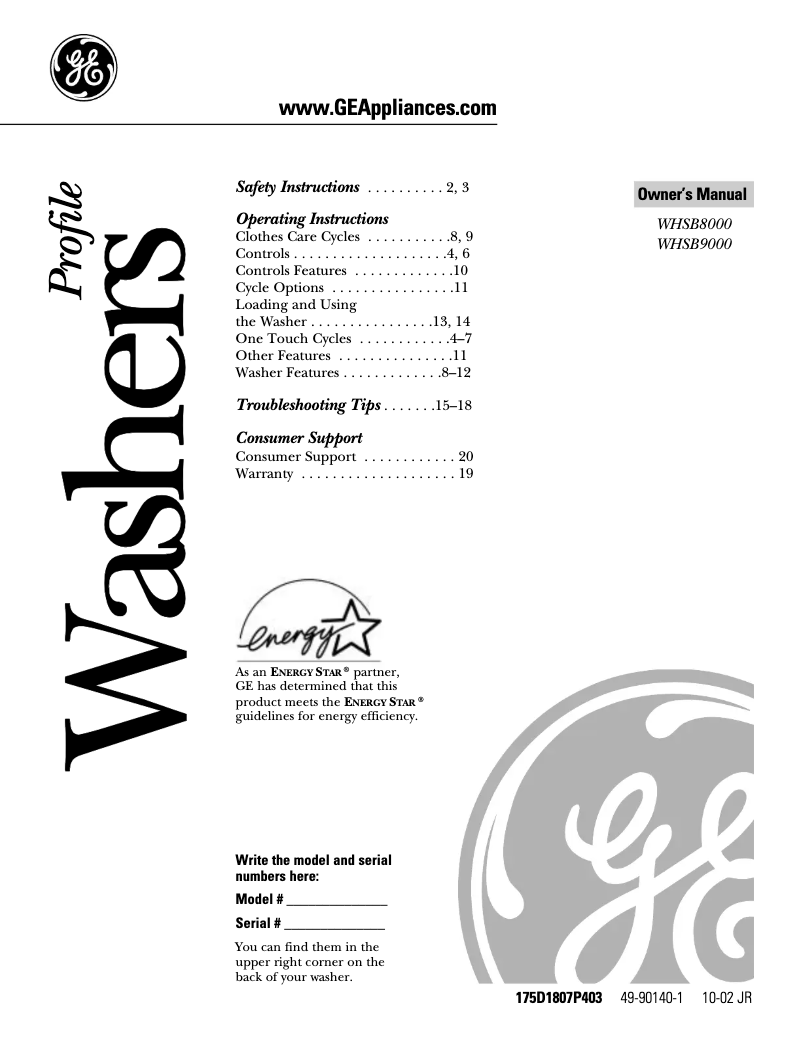 Page n°1 - Manuel d'utilisation et d'entretien GE WHSB9000BWW