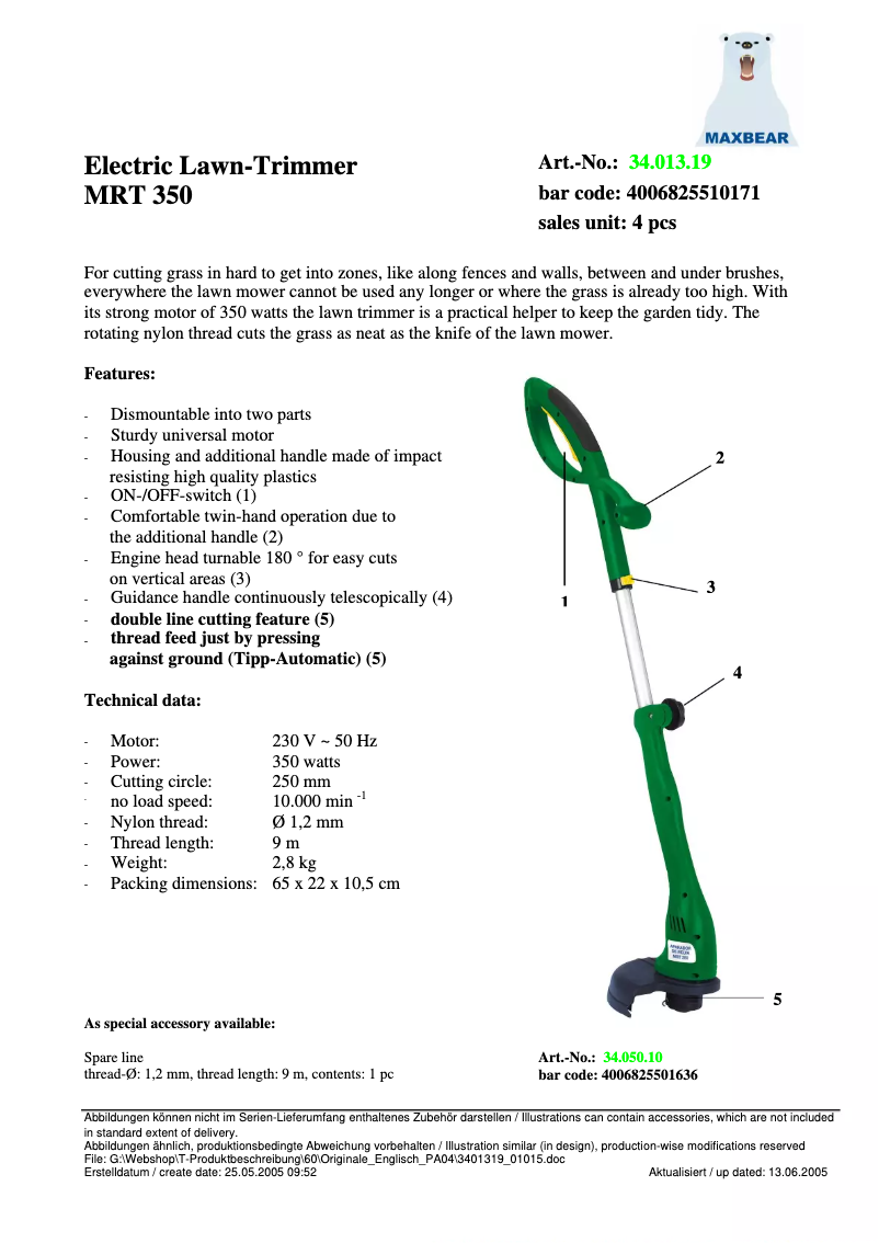 Page 1 de la notice Manuel utilisateur Maxbear MRT 350