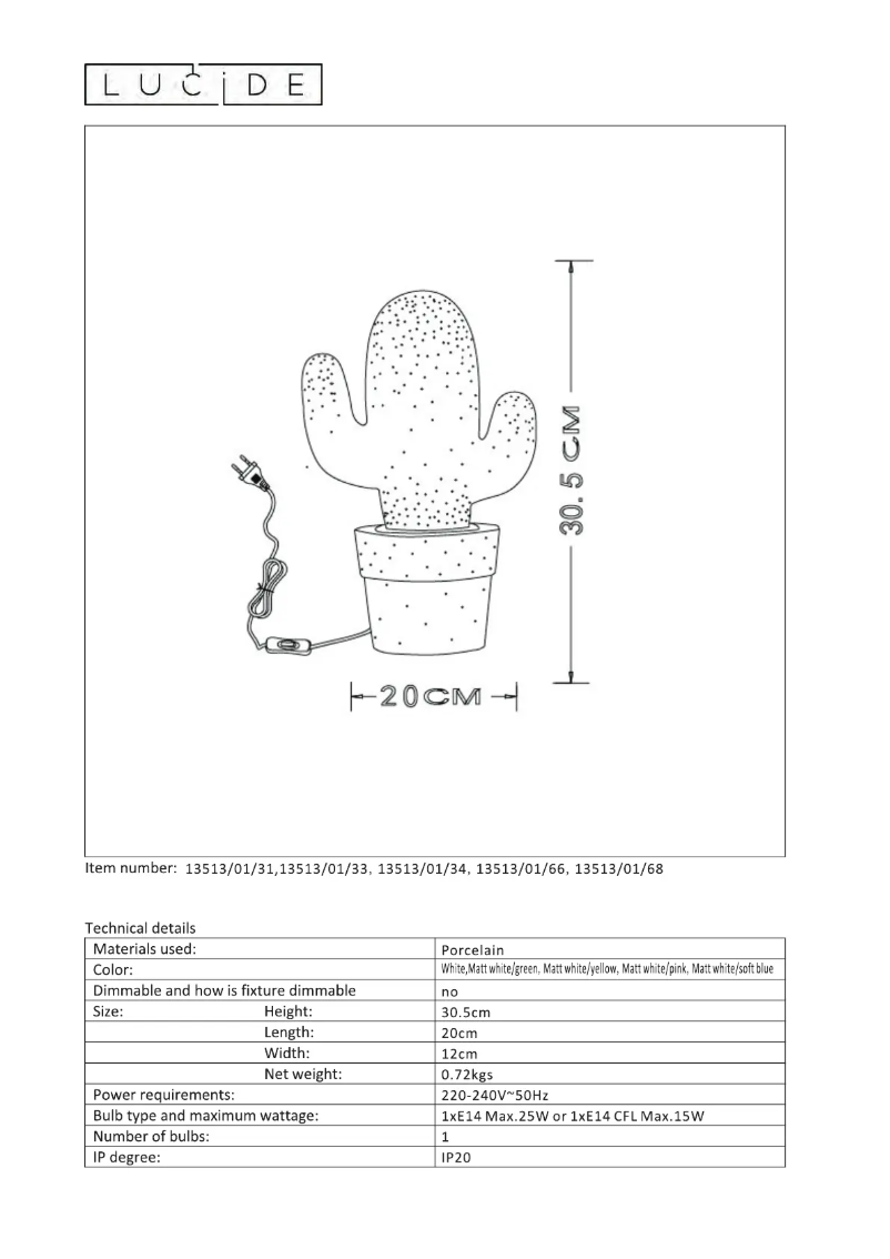 Page n°1 - Manuel utilisateur Lucide Cactus 13513/01/68