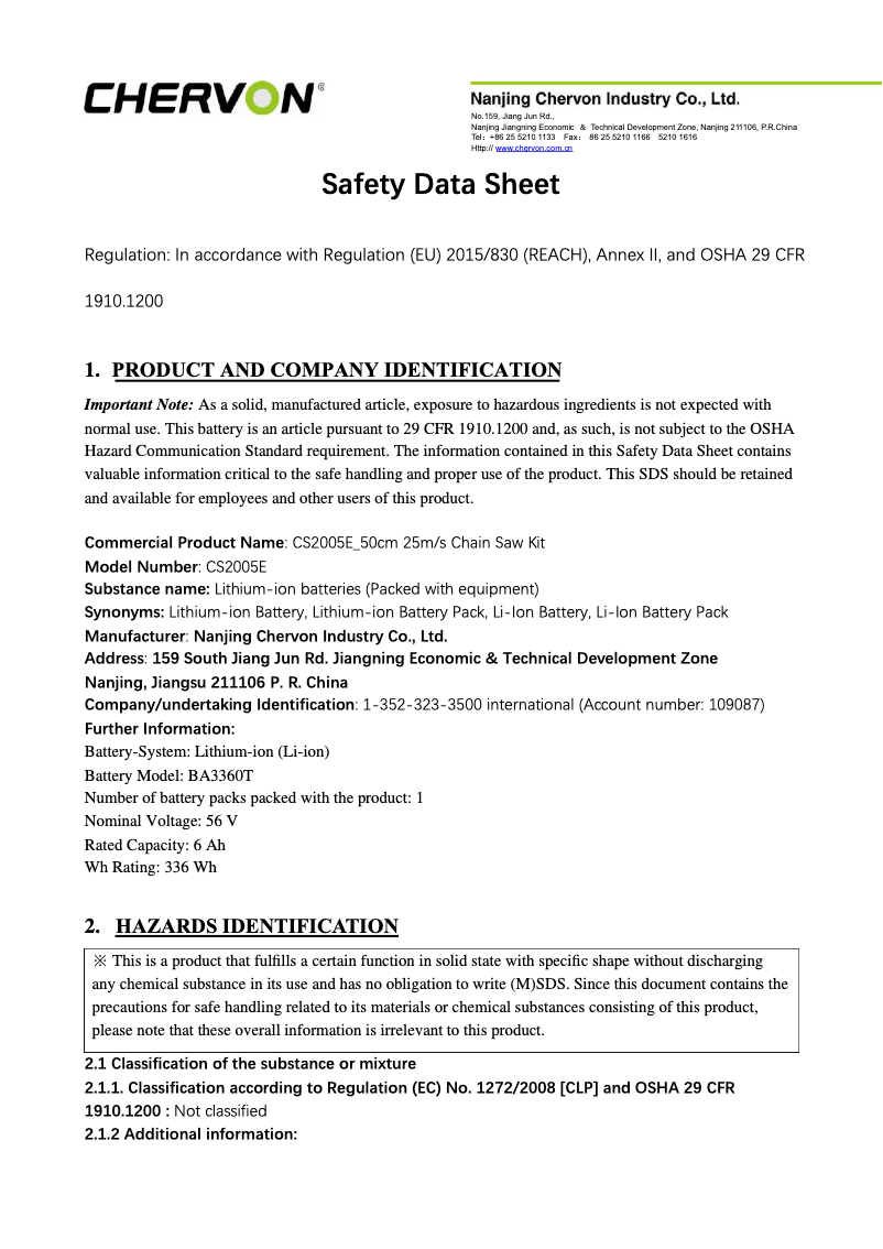 Page n°1 - Instructions de sécurité EGO CS2005E