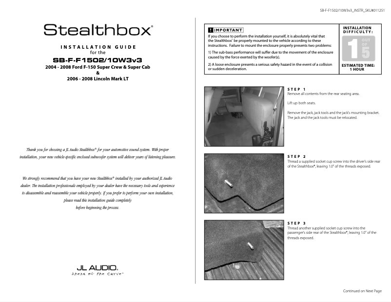 Page 1 de la notice Guide d'installation JL Audio Stealthbox SB-F-F1502/10W3v3/DG