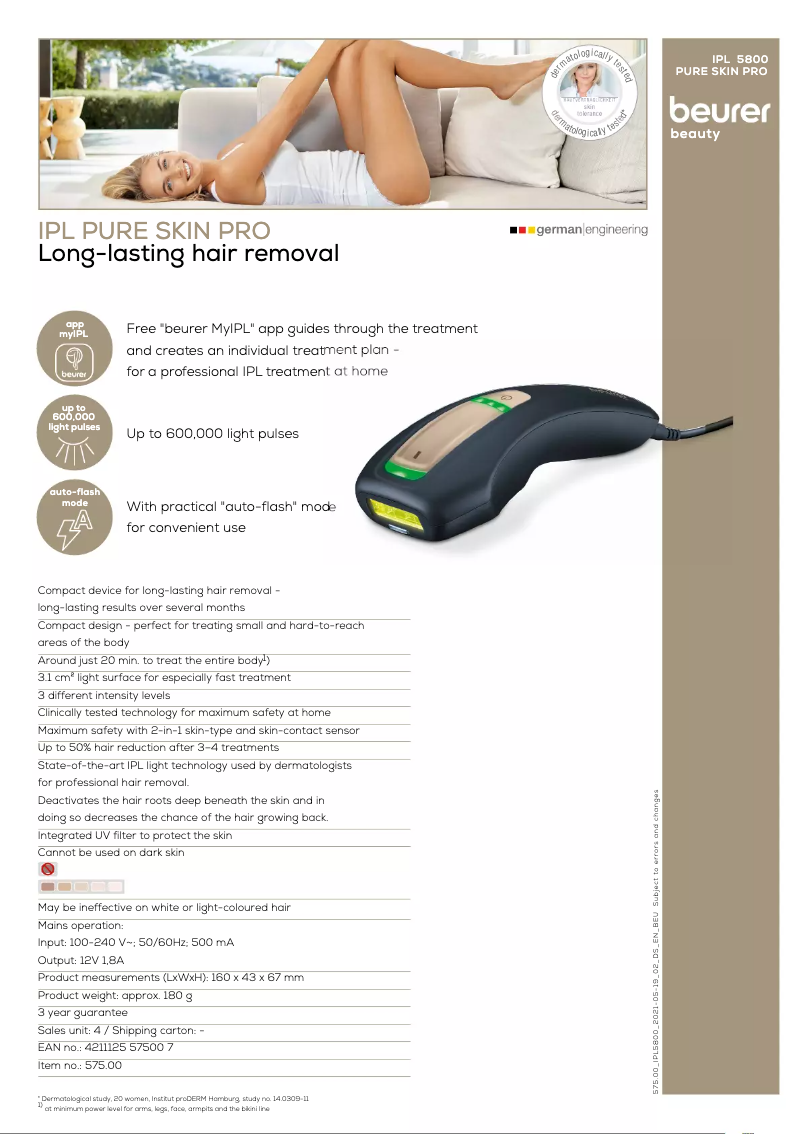 Page 1 de la notice Fiche technique Beurer Pure Skin Pro IPL 5800