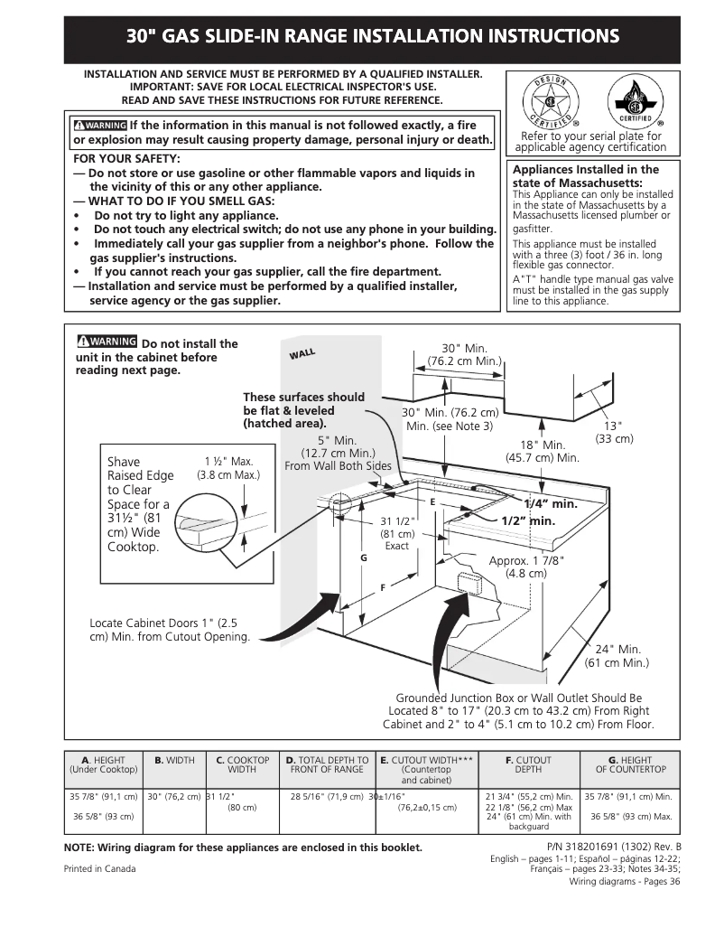 Page n°1 - Guide d'installation Frigidaire FGGS3045KF