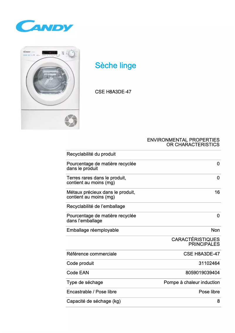 Page 1 de la notice Fiche technique Candy CSE H8A3DE-47