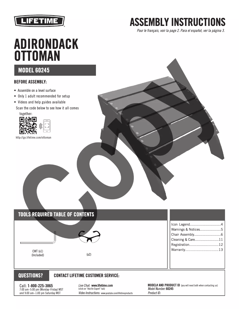 Page 1 de la notice Manuel utilisateur Lifetime 60245