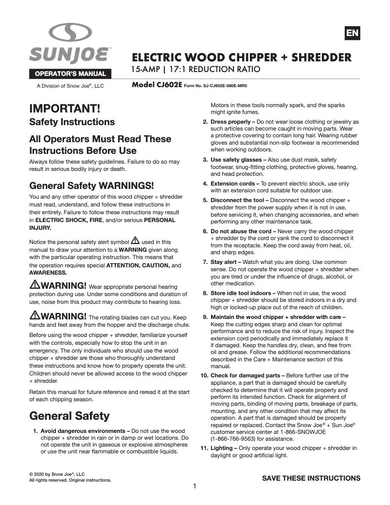 Página 1 del manual Manual de usuario Sun Joe CJ602E-GRY
