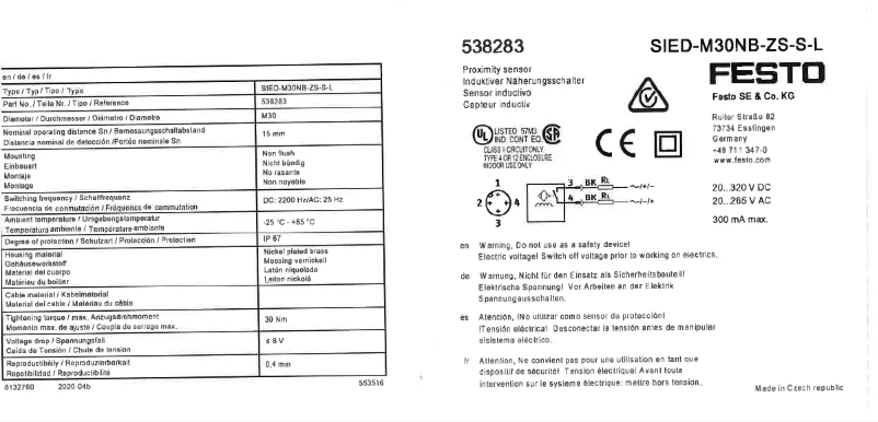 Page 1 de la notice Manuel utilisateur Festo SIED-M30NB-ZS-S-L