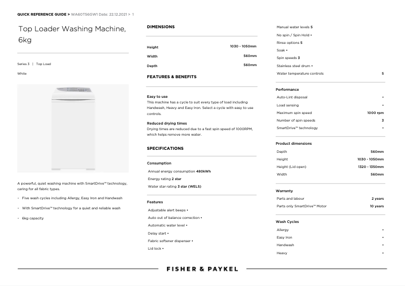 Image de la première page du manuel de l'appareil WA60T56GW1