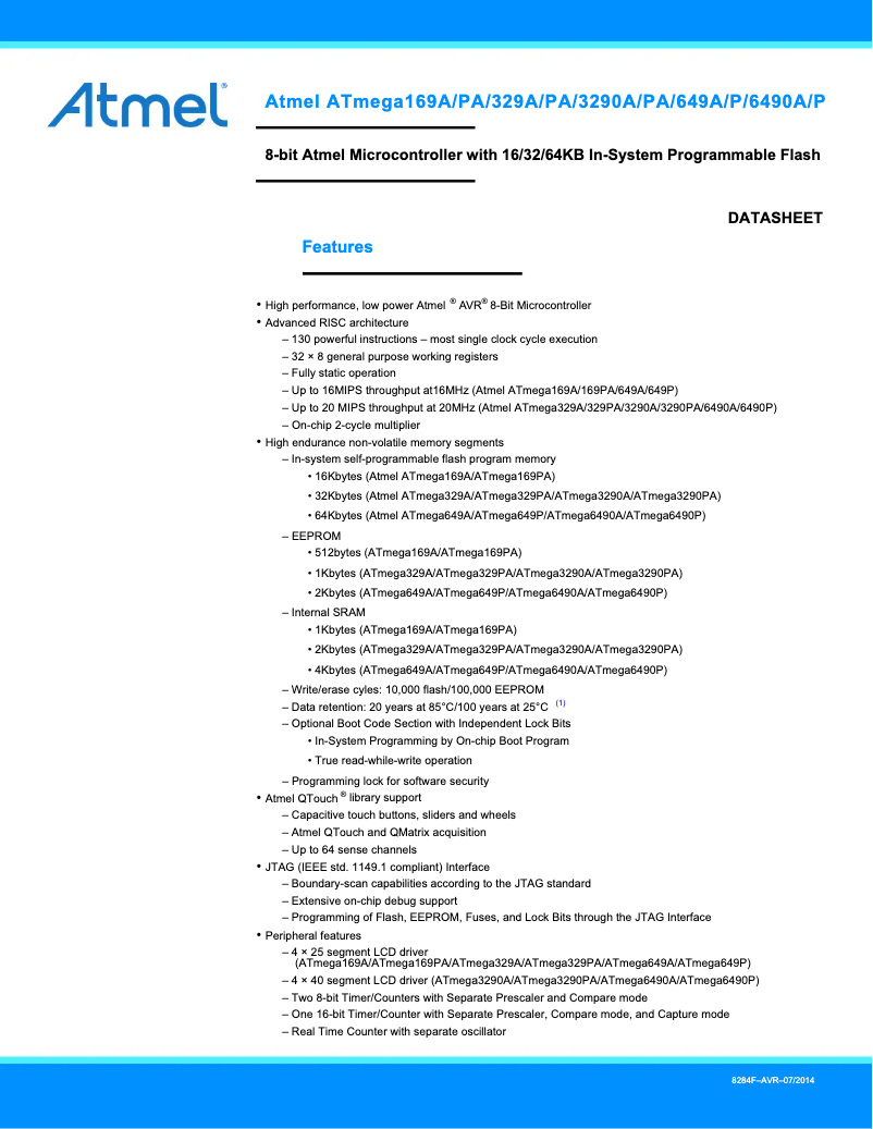 Page 1 de la notice Fiche technique Microchip ATmega169A