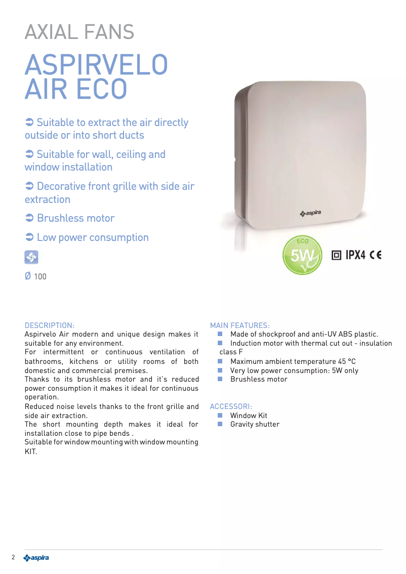 Page 1 de la notice Fiche technique Fantini Cosmi ASPIRVELO AIR ECO