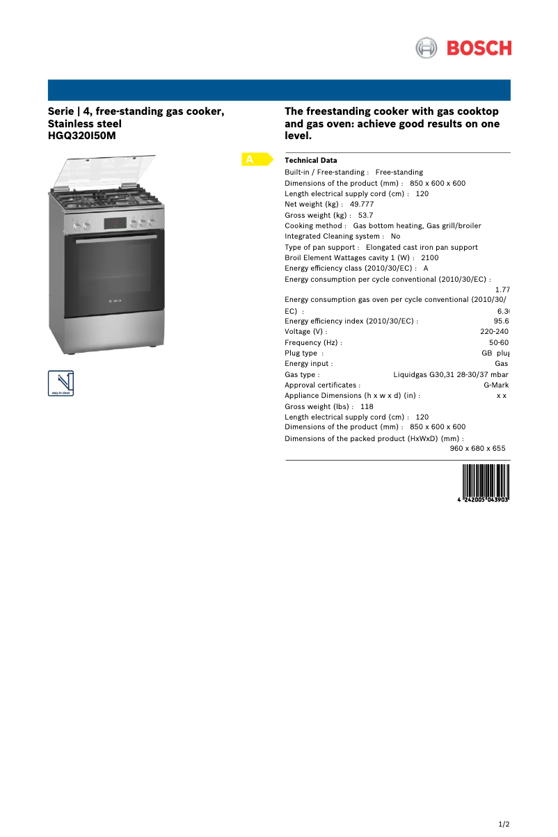 Página 1 del manual Ficha técnica Bosch HGQ320I50M