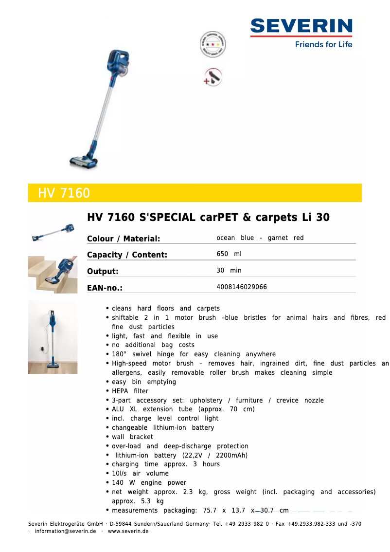 Page n°1 - Manuel utilisateur Severin HV 7160