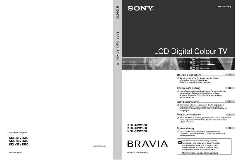 Page 1 de la notice Manuel utilisateur Sony Bravia KDL-32V2500