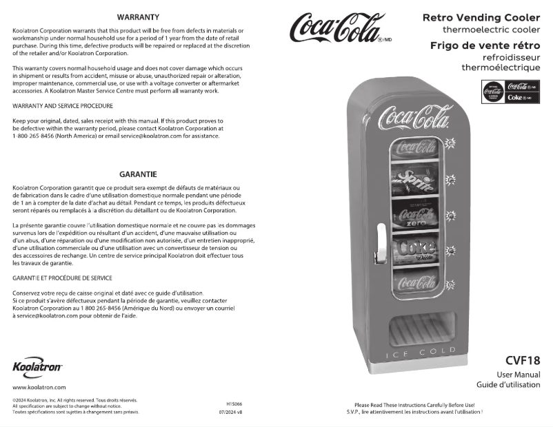 Page 1 de la notice Manuel utilisateur Coca-Cola CVF18