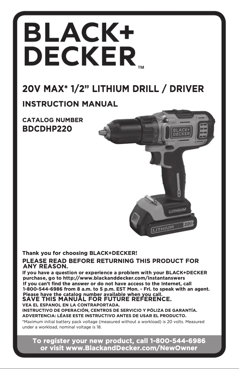 Page n°1 - Manuel utilisateur Black & Decker BDCDHP220