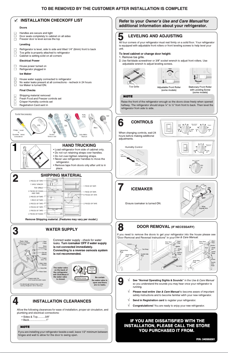 Page 1 de la notice Guide d'installation Frigidaire GLRT212IDQ