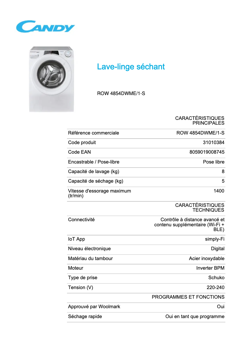 Page 1 de la notice Fiche technique Candy ROW 4854DWME/1-S