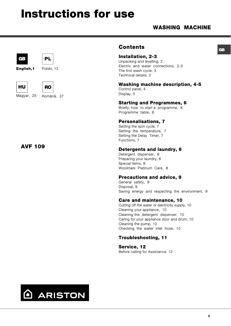Page 1 de la notice Manuel utilisateur Ariston Thermo AVF109