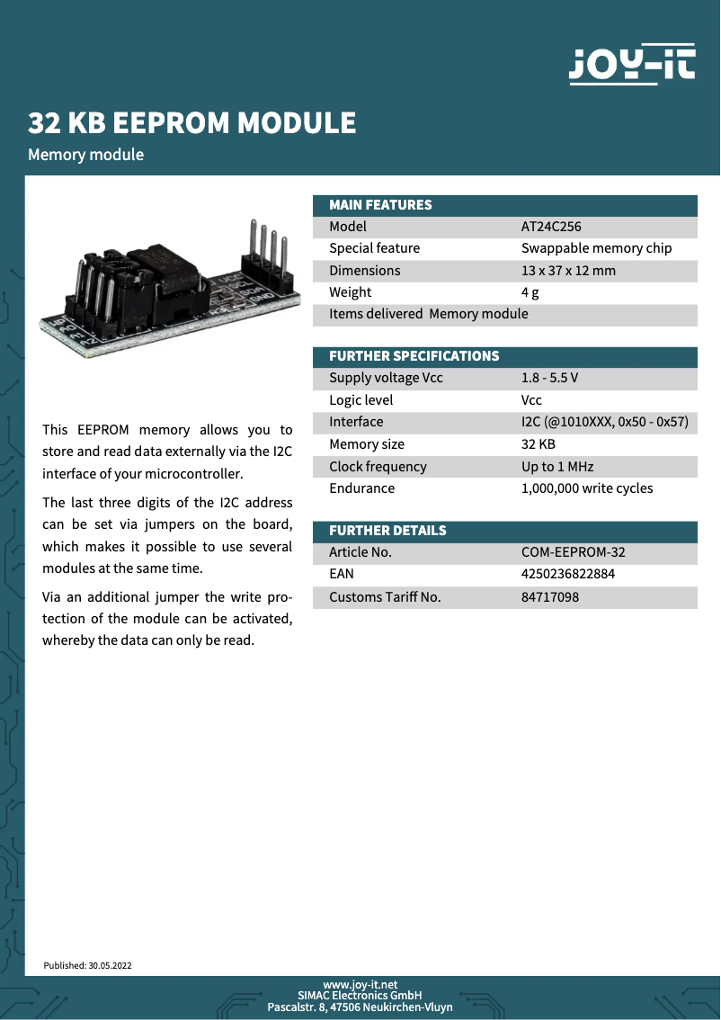 Página 1 del manual Ficha técnica Joy-It COM-EEPROM-32