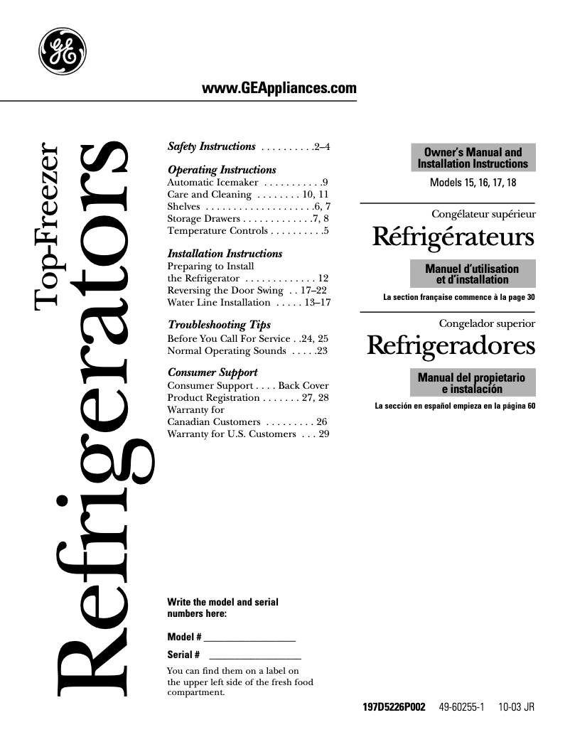 Page 1 de la notice Guide d'installation GE GTS16JBRBB