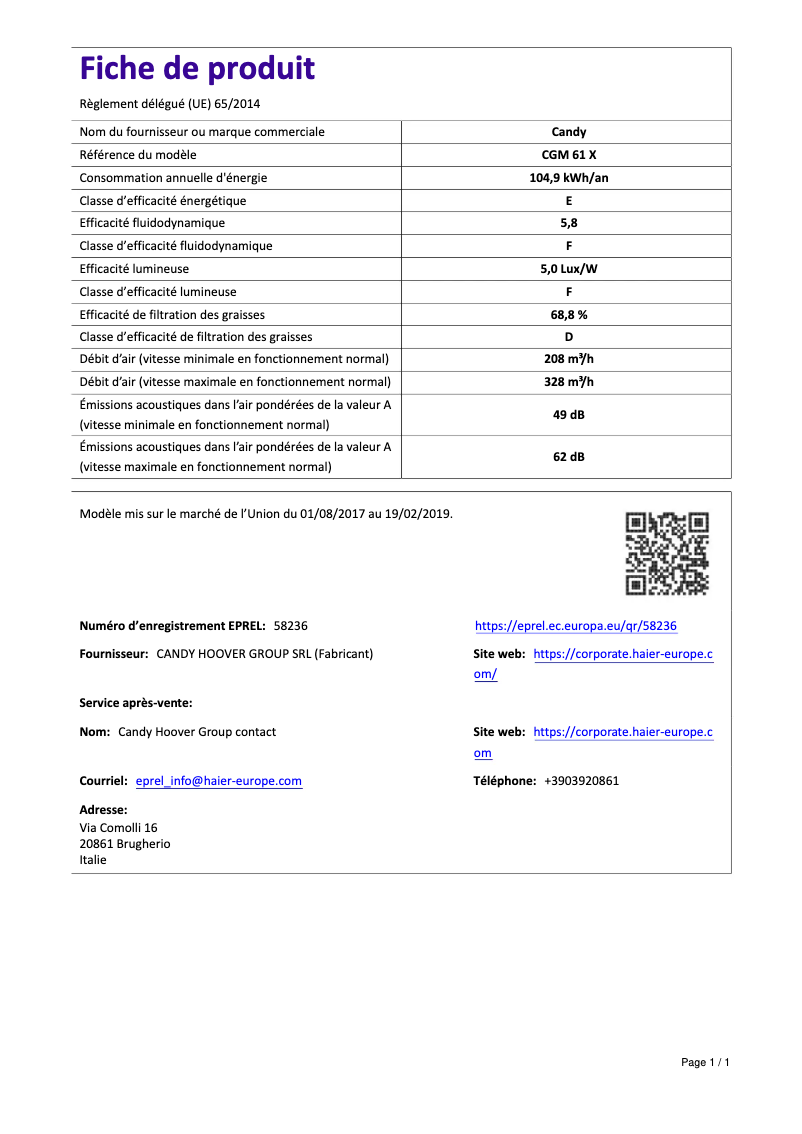 Page 1 de la notice Manuel utilisateur Candy CGM 61 X