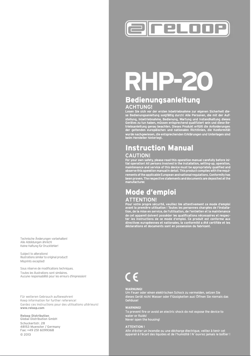 Page n°1 - Manuel utilisateur Reloop RHP-20