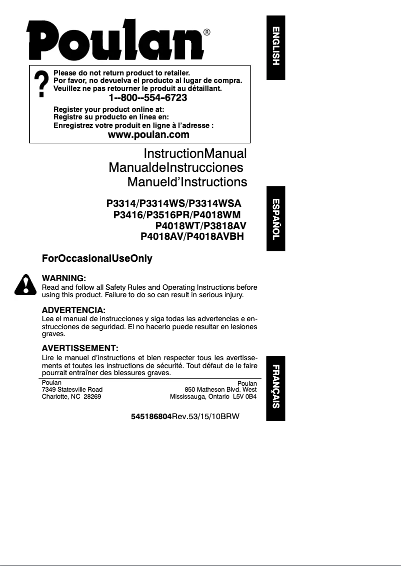 Page n°1 - Manuel utilisateur Poulan P4018WT