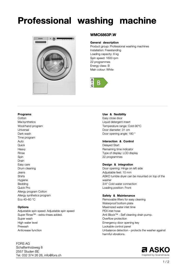 Page n°1 - Fiche technique Asko WMC6863P