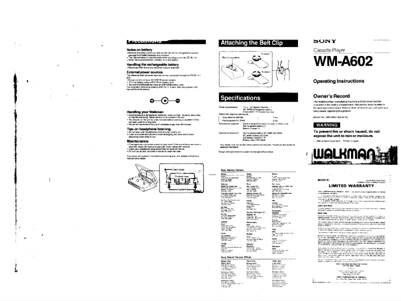 Image de la première page du manuel de l'appareil Walkman WM-A602