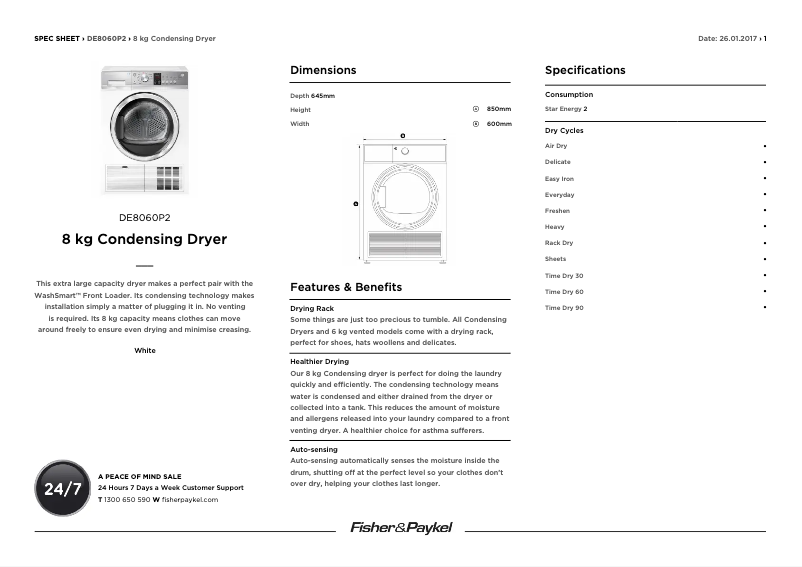 Page n°1 - Fiche technique Fisher & Paykel DE8060P2