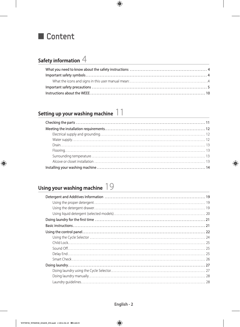 Page n°1 - Guide d'installation Samsung WF70F5EDW2W