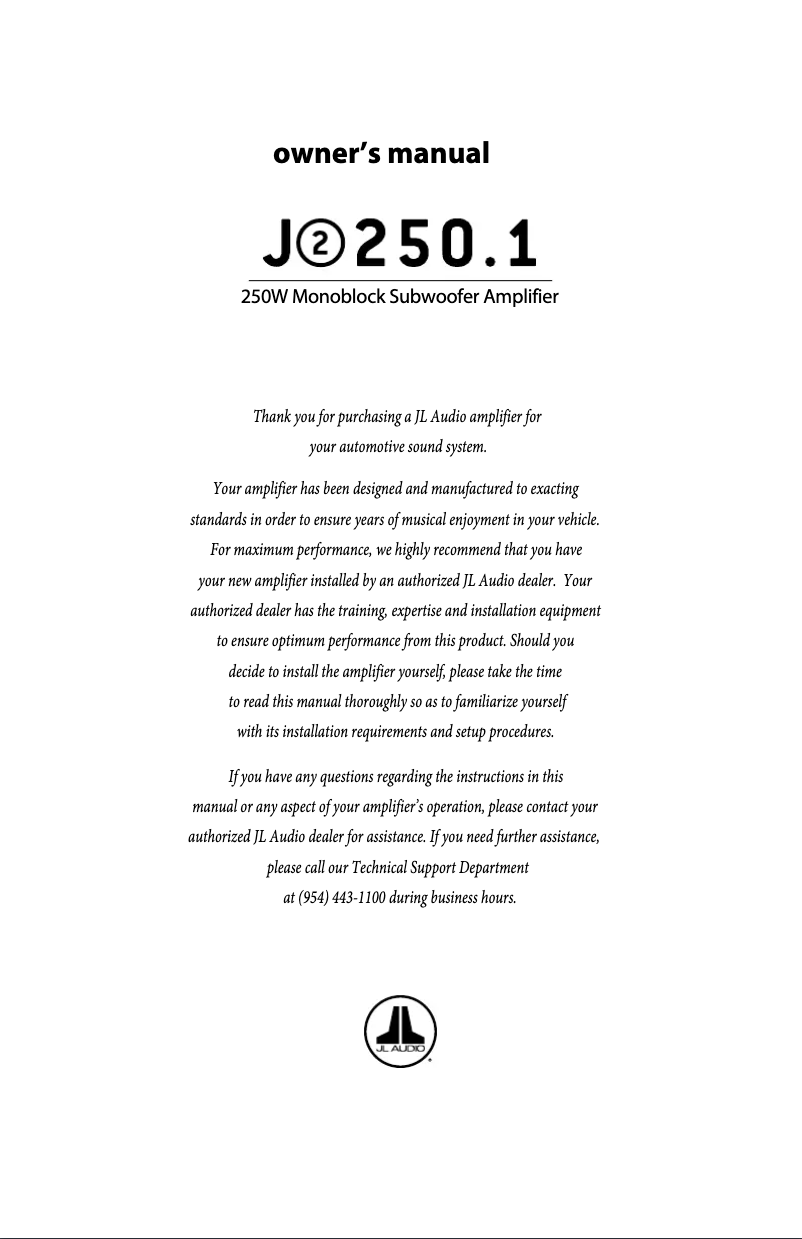 Page n°1 - Manuel utilisateur JL Audio J2 250.1