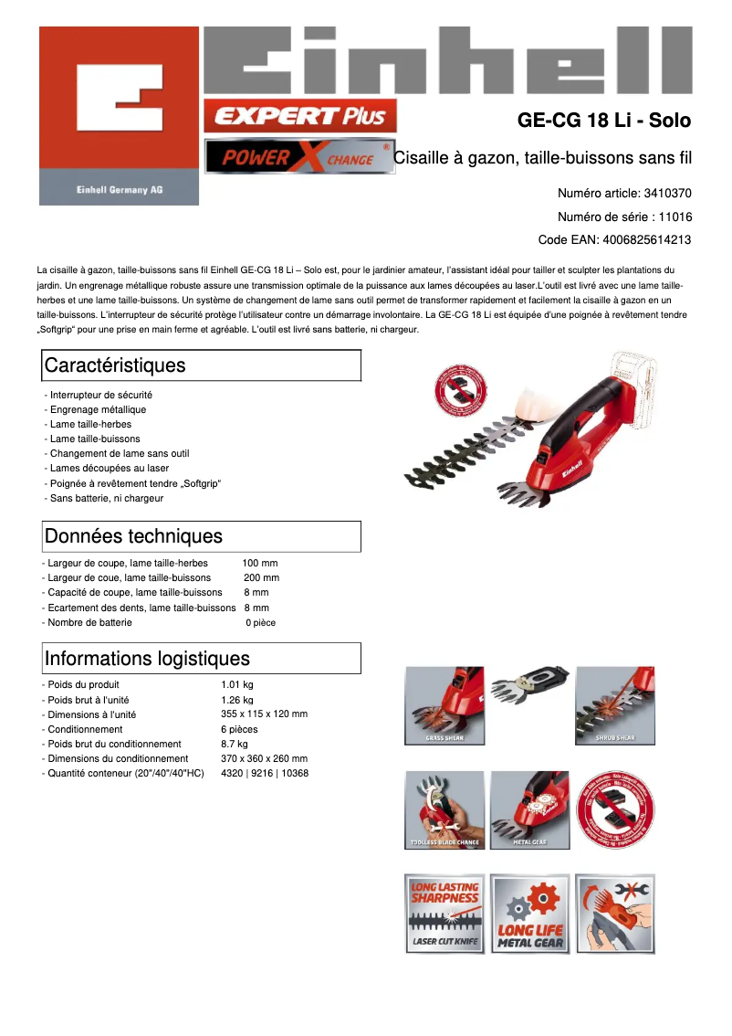 Page n°1 - Fiche technique Einhell GE-CG 18 Li-Solo
