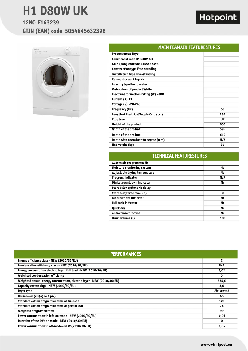 Page n°1 - Fiche technique Hotpoint H1 D80W UK