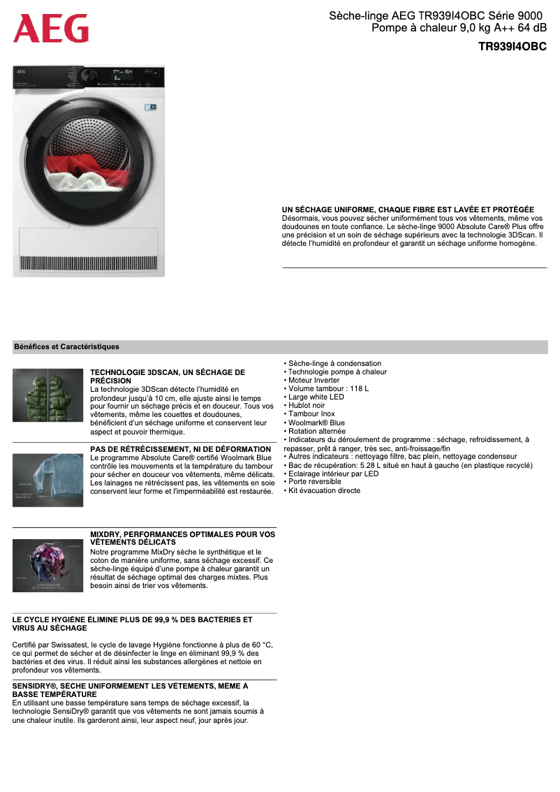 Page n°1 - Fiche technique AEG TR939I4OBC