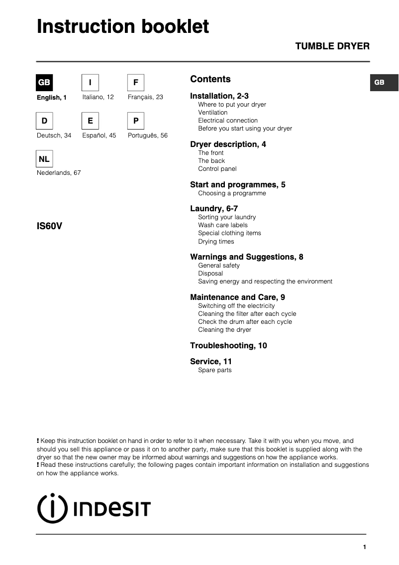 Page 1 de la notice Manuel utilisateur Indesit IS 60 V