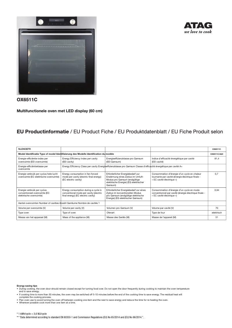 Page 1 de la notice Fiche technique Atag OX6511C