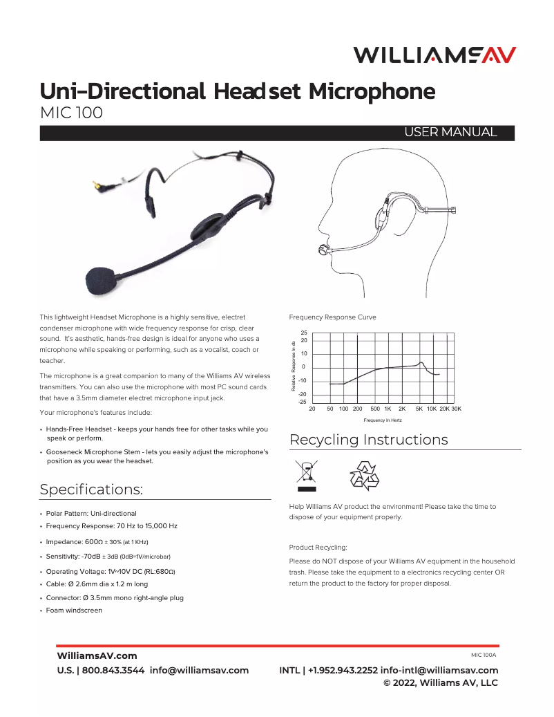 Page n°1 - Manuel utilisateur Williams Sound MIC 100