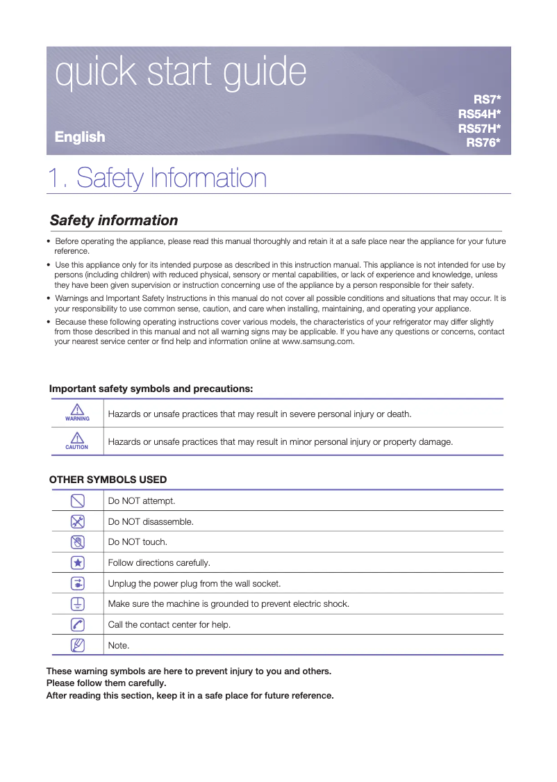 Page 1 de la notice Guide d'installation Samsung RS7577THCWW