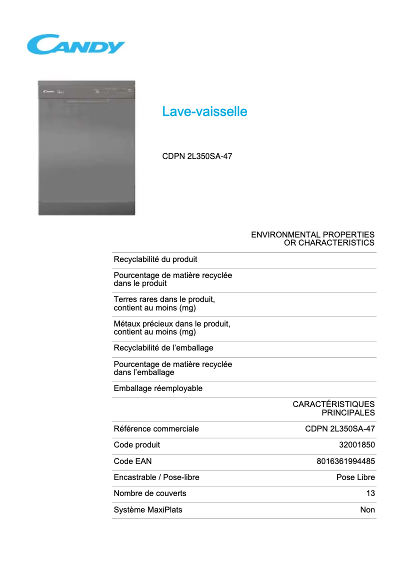 Page n°1 - Fiche technique Candy CDPN 2L350SA-47